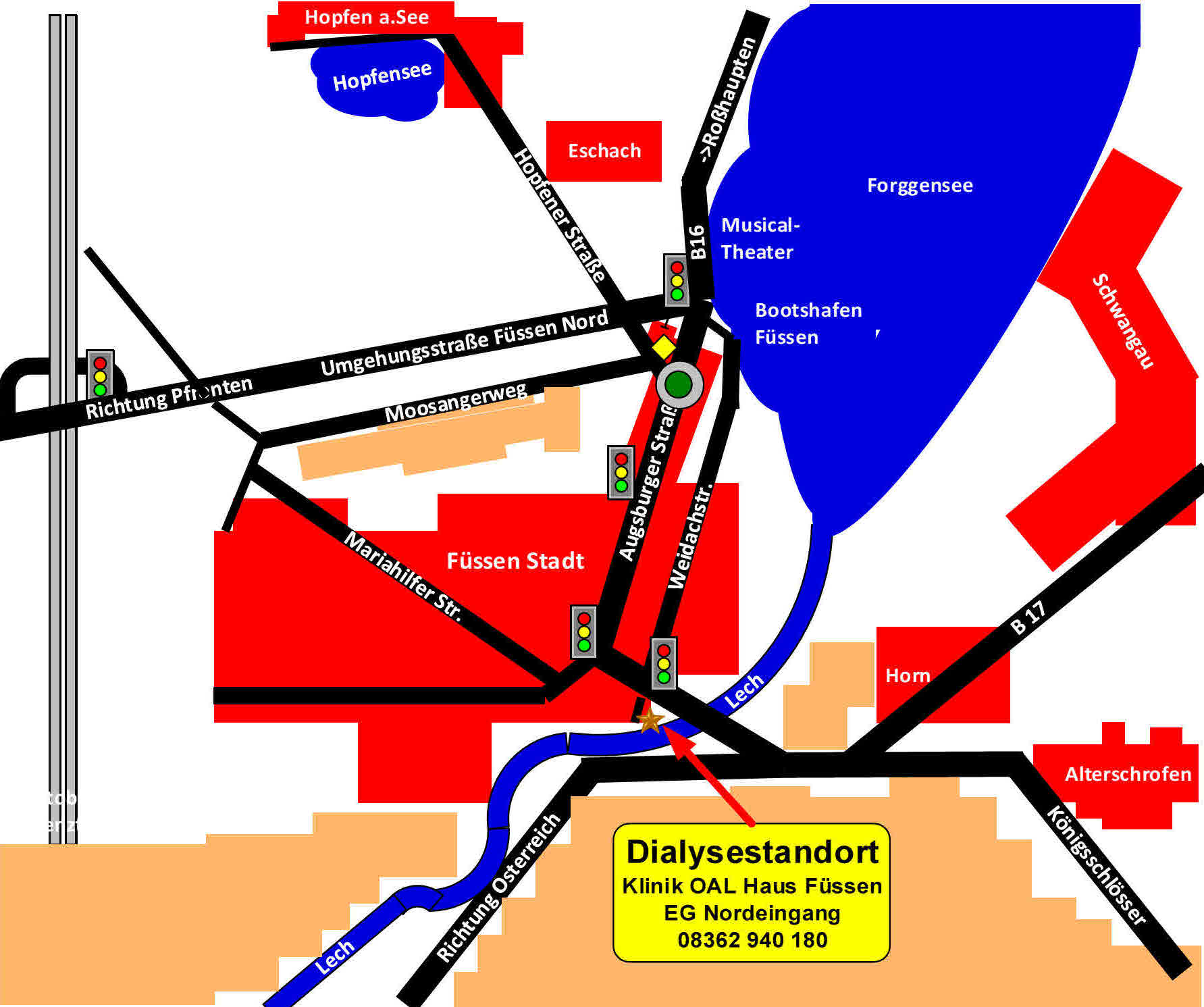 Schematic city map with directions to clinic and dialysis clinic